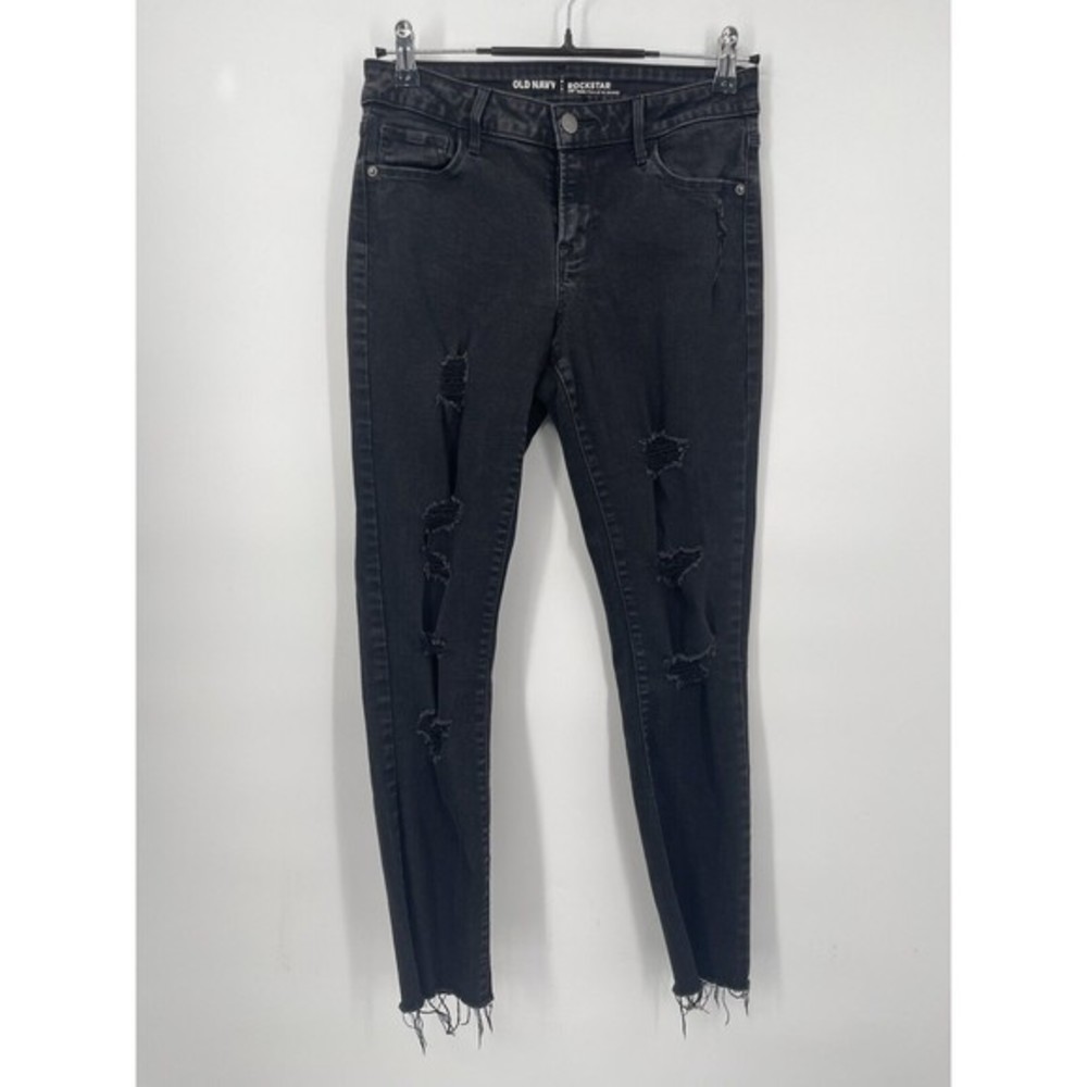 Old Navy Rockstar Mid Rise‎ Black Distressed Skinny Jeans Women Size 6